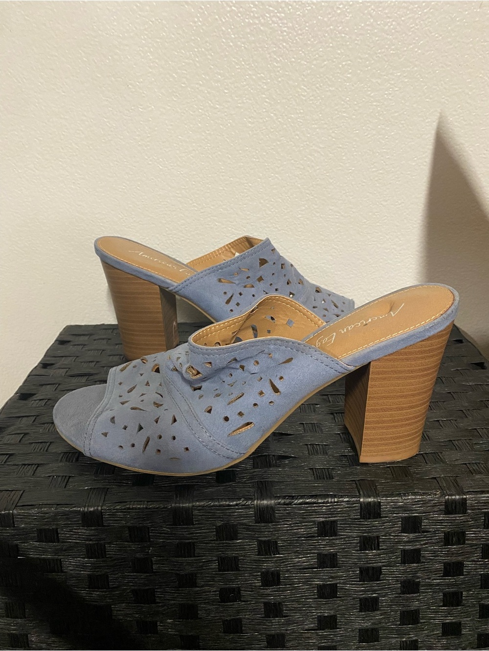 American Eagle Outfitters Light Blue Perforated Suede Block Heel Mules
